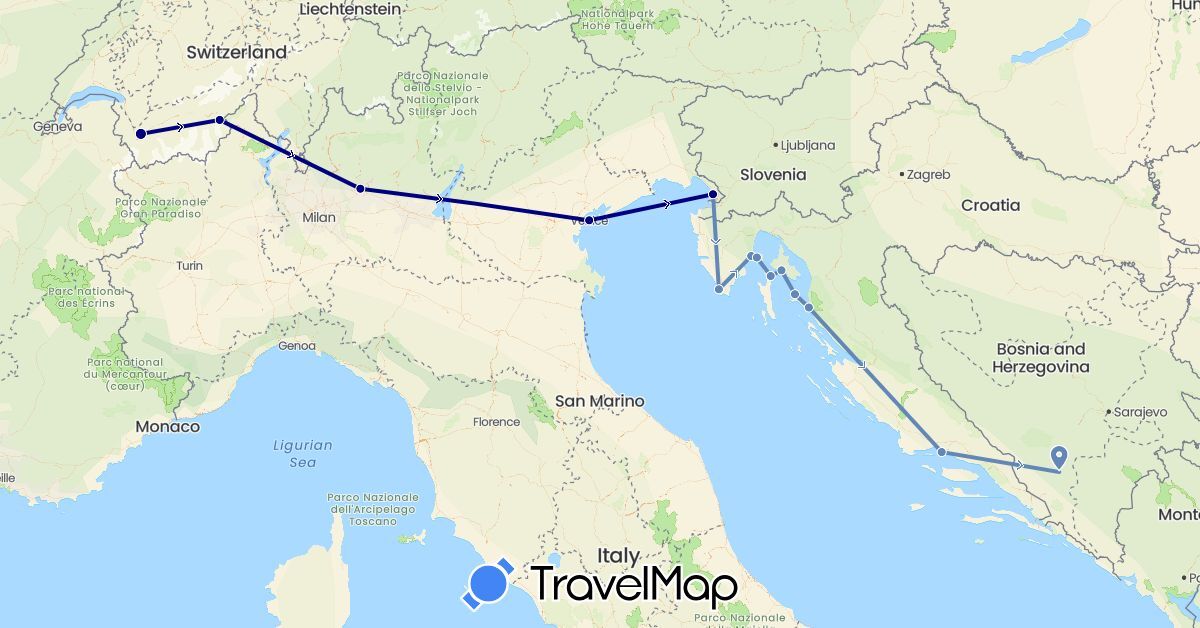TravelMap itinerary: driving, cycling in Switzerland, Croatia, Italy (Europe)
